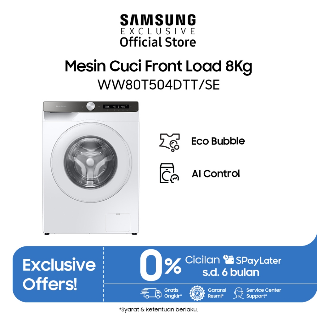 Samsung Mesin Cuci Front Load 8Kg | Ecobubble™ | AI Control | Hygiene Steam | WW80T504DTT/SE