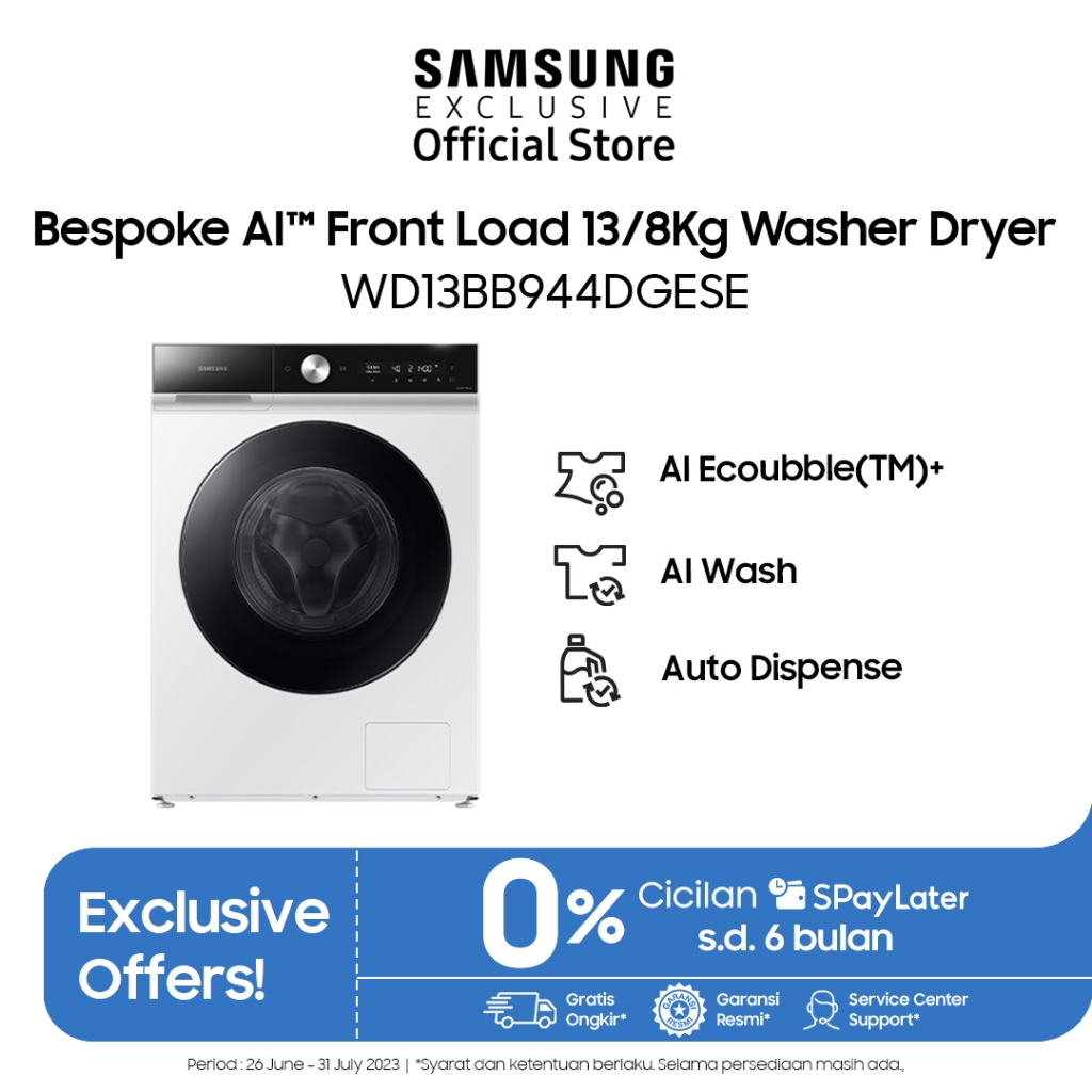 Samsung Mesin Cuci Bespoke AI™ Front Load 13/8Kg Washer Dryer | AI Ecobubble™ | WD13BB944DGESE