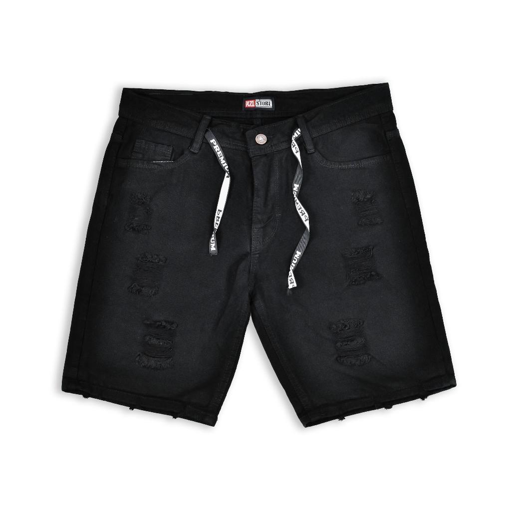 NZL - Celana Jeans Pendek Sobek Pria Hitam
