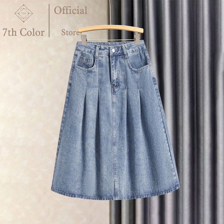 7th Color plisket Rok Plisket Midi Jeans Panjang Korean Style - Pinggang Tinggi rok plisket rok midi