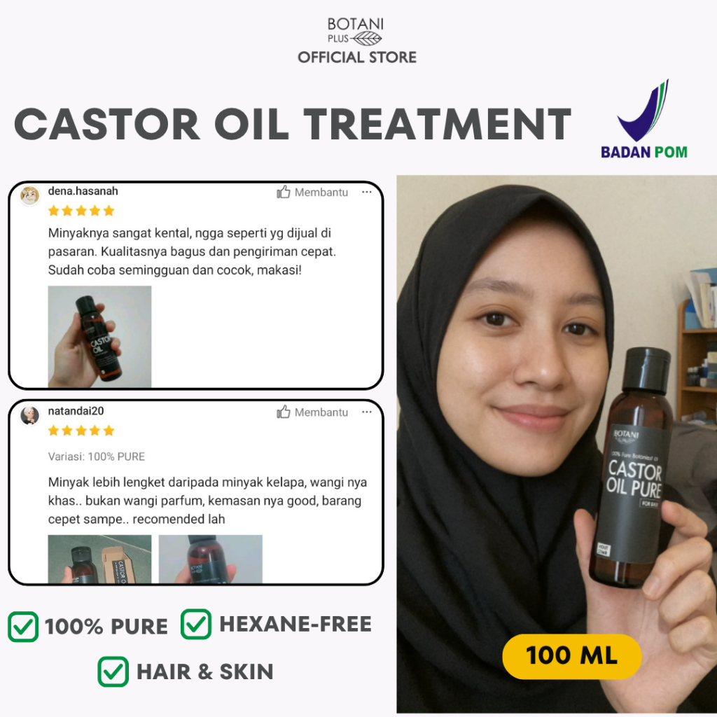 Minyak Jarak Murni | Castor Oil Pure 100% Rambut Rontok & Acne | Bebas Hexane & BPOM | BOTANI PLUS