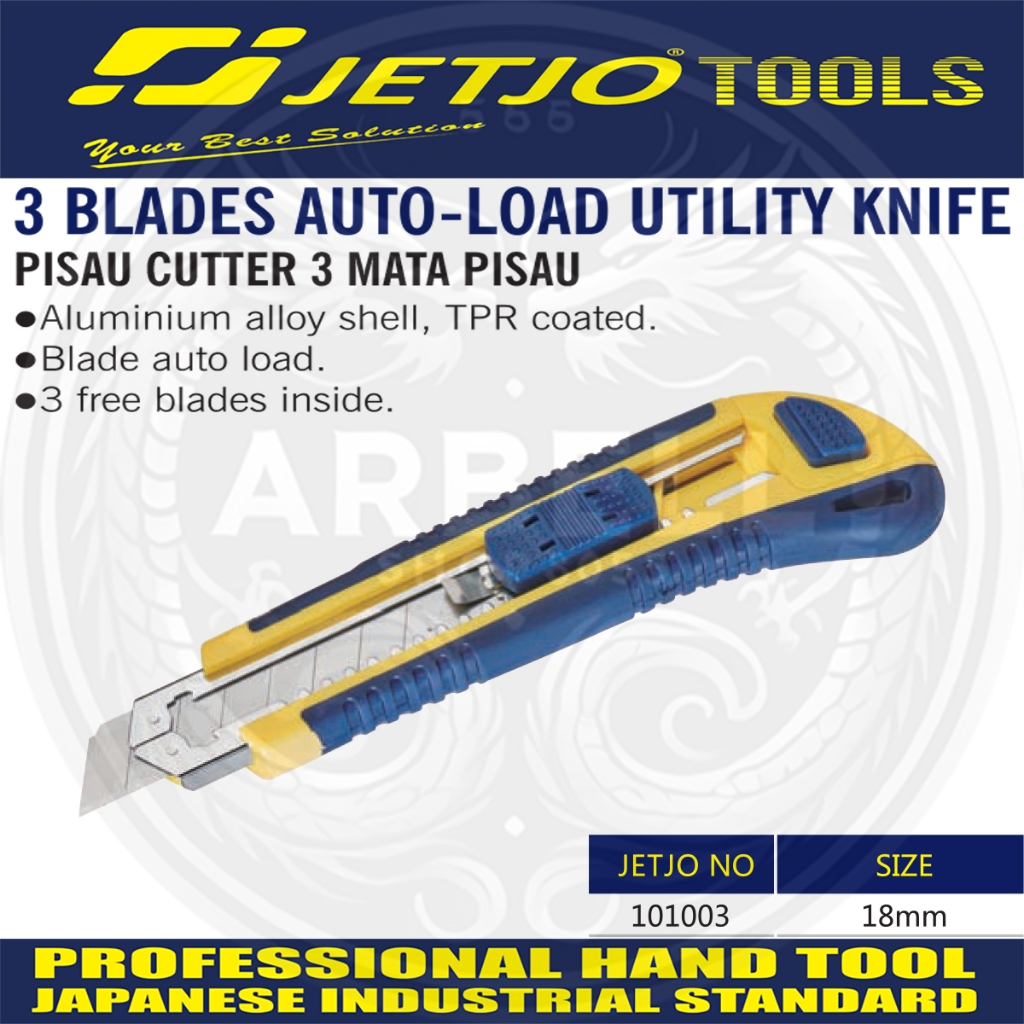 

3 BLADE AUTO LOAD UTILITY KNIFE + FREE 3 BLADE INSIDE PISAU CUTTER + GRATIS 3 MATA PISAU DI DALAM PART 101003 ORIGINAL PRODUK JETJO TOOLS