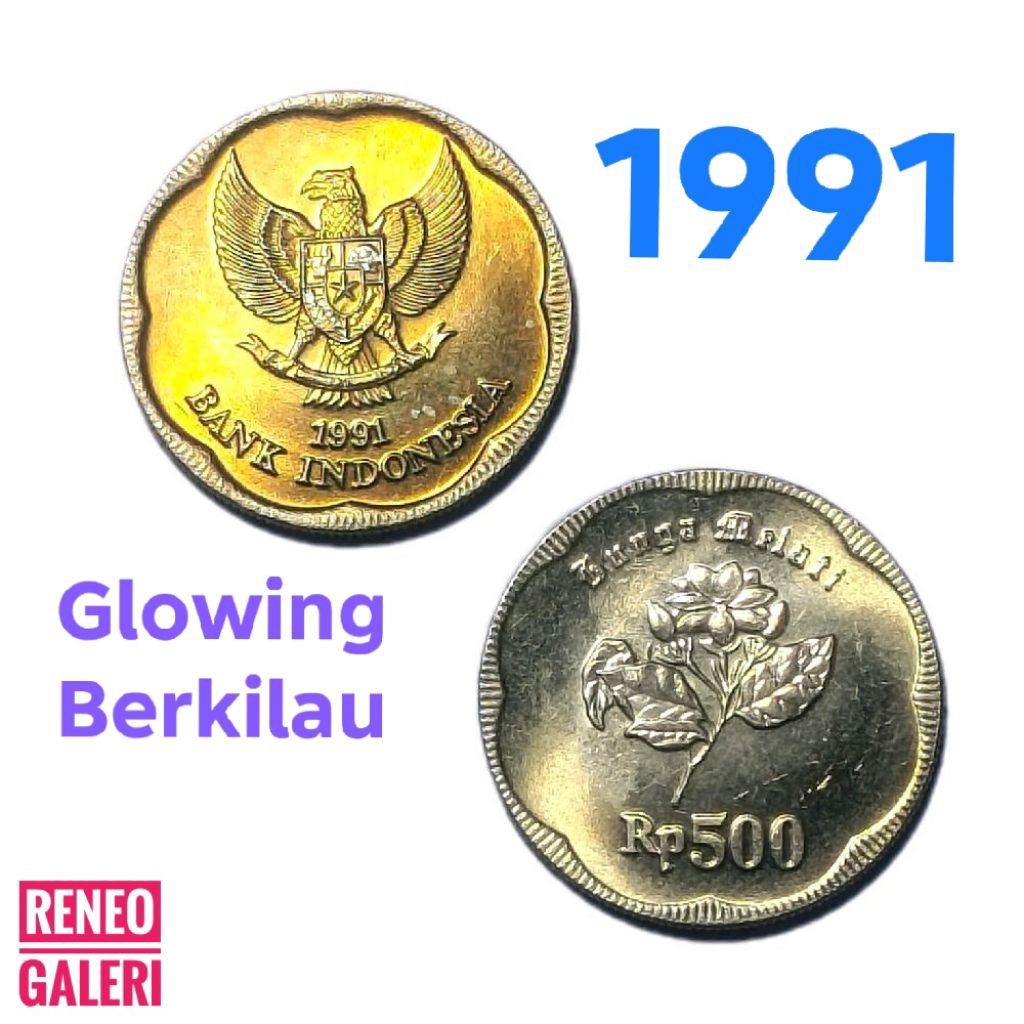 Berkilau Koin 500 Rupiah Tahun 1991 Melati Besar Asli Uang logam Indonesia kuno Glowing alami origin