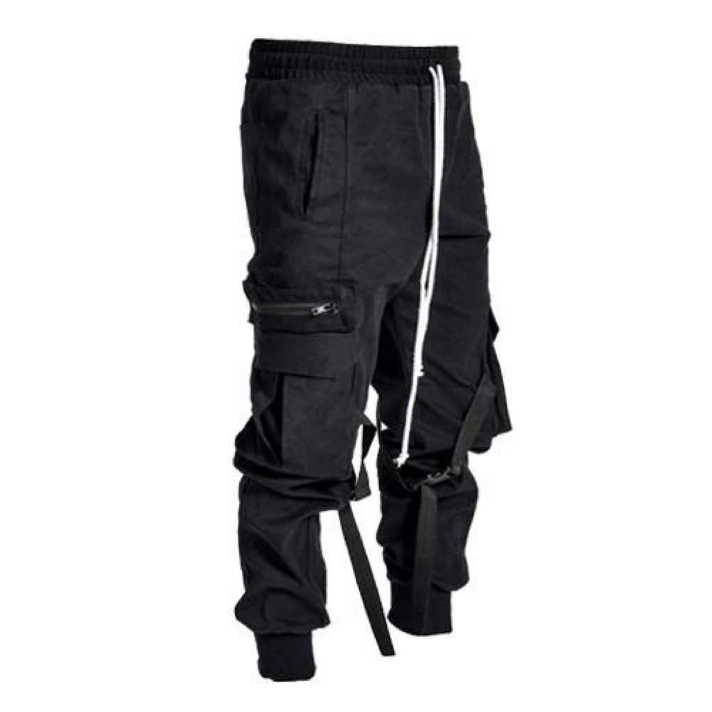 Lakenzie Cargo Celana Jogger Hitam Model Belt Zipper Second Original