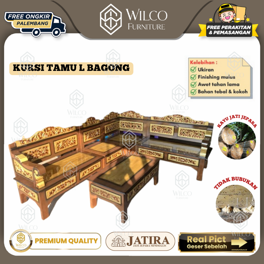 Kursi Tamu L Jati Jepara Bagong | Sofa L Sudut Jati Jok + Meja | Kursi Sudut Ukir Jati Kursi jati Mu