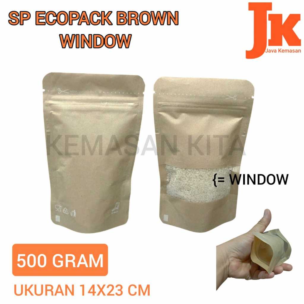 KEMASAN STANDING POUCH ECOPACK BROWN WINDOW 500 GRAM