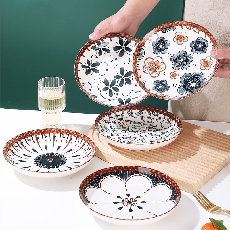 HHS Piring Makan Keramik Motif Bunga Bunga Daun Ukuran 20cm Kitchenware Tahan Panas