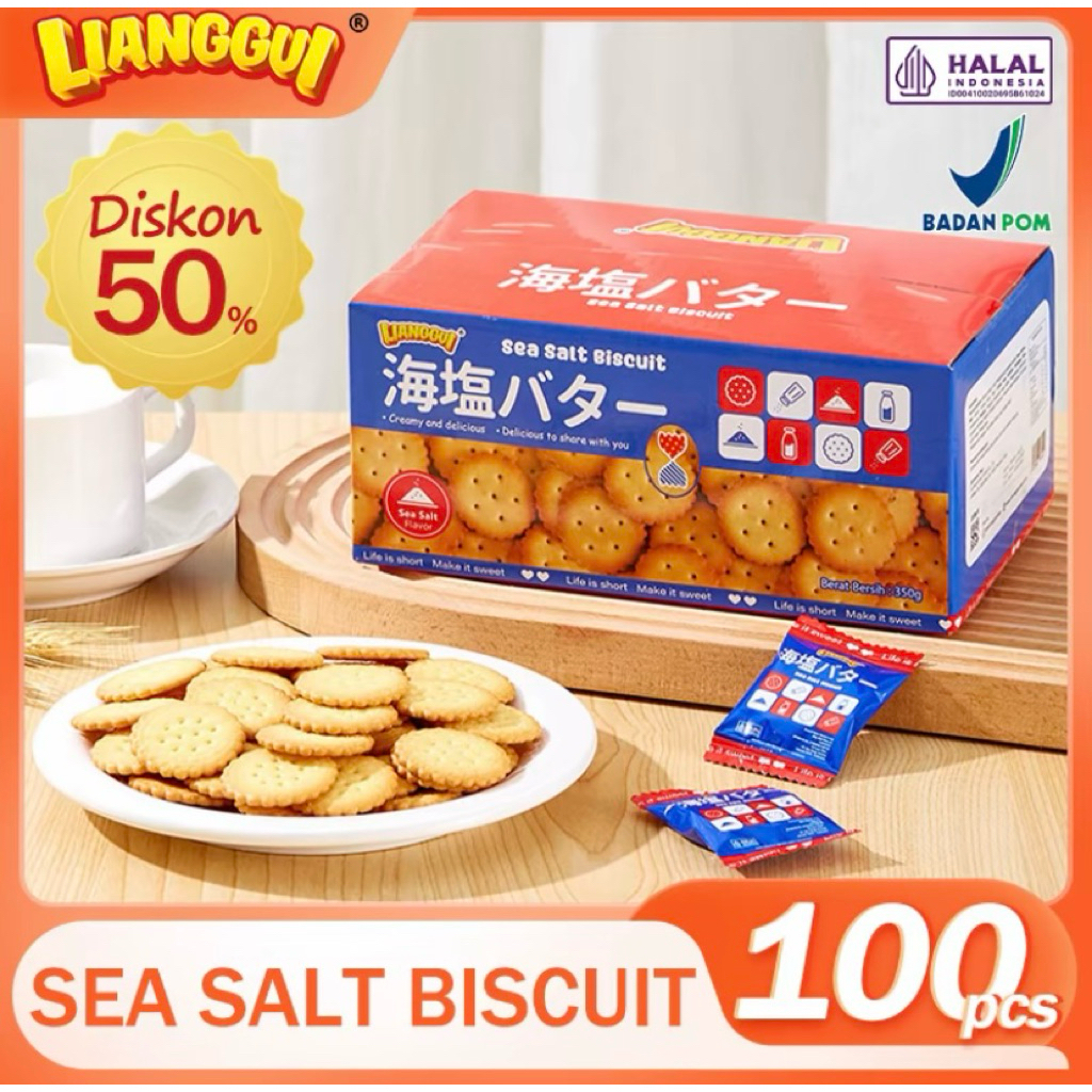 

(HALAL) LIANGGUI (BELI 50PCS GRATIS 50PCS) SEASALT BISCUIT BEST SELLER ENAK LIANGGUI BISCUIT SEA SALT MINI OIL FREE