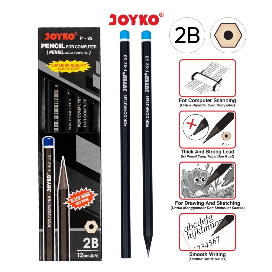

GROSIR 1 PACK ISI (12PCS) PENSIL 2B JOYKO / PENCIL JOYKO P-92 / PENSIL KAYU HITAM/PENSIL 2B UJIAN TERMURAH