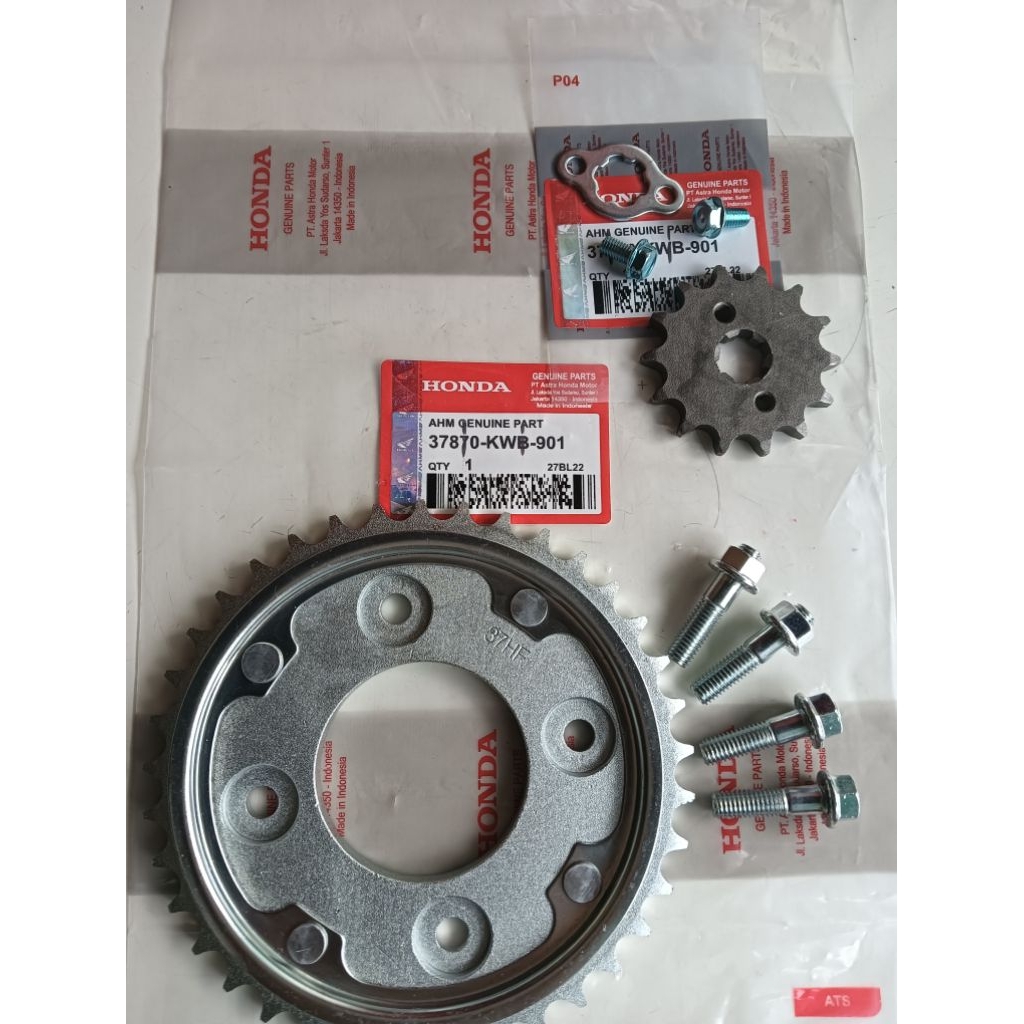 PAKET GEAR DEPAN BELAKANG 428/37T+ BAUT GEAR + KLEMAN,+ BAUT GEAR DEPAN HONDA REVO BLADE ORIGINAL