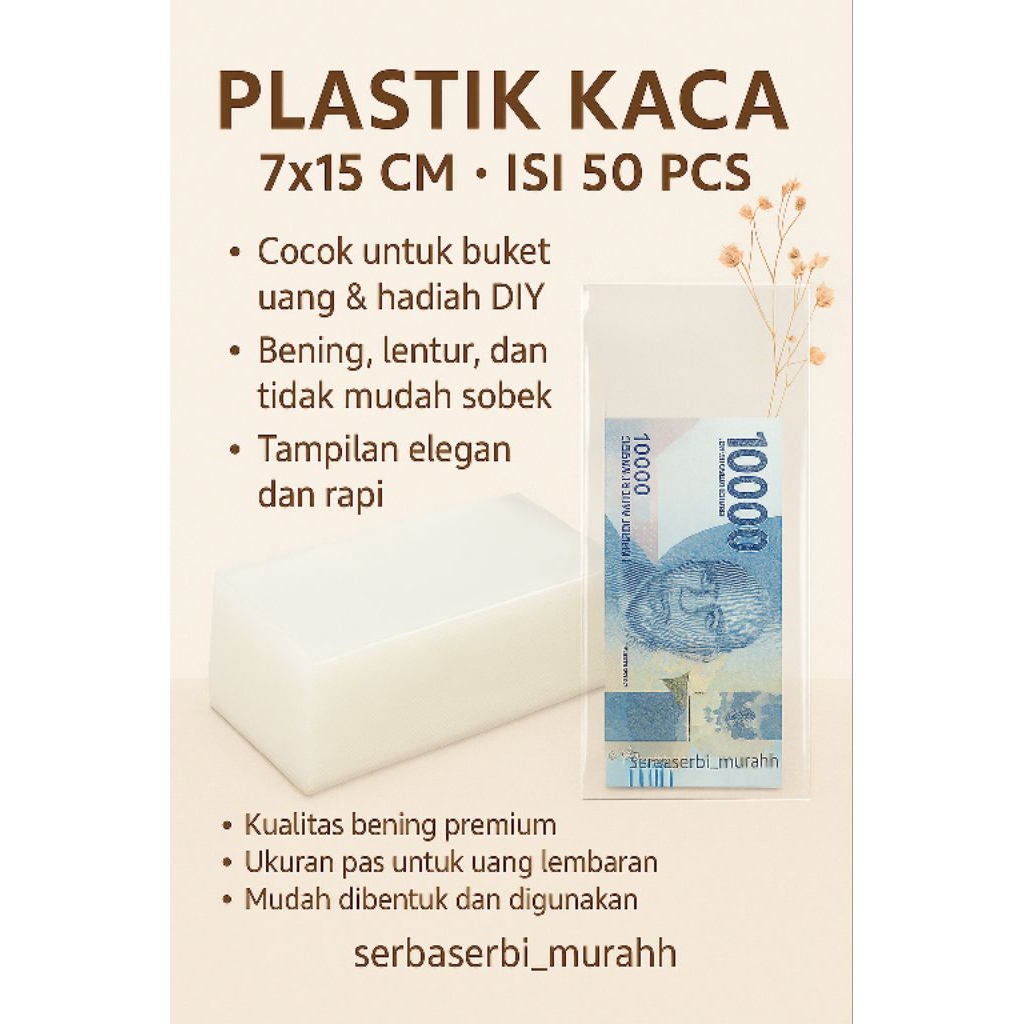 

Plastik Kaca uk 7x15 untuk uang/Buket uang/money cake (50 lembar)