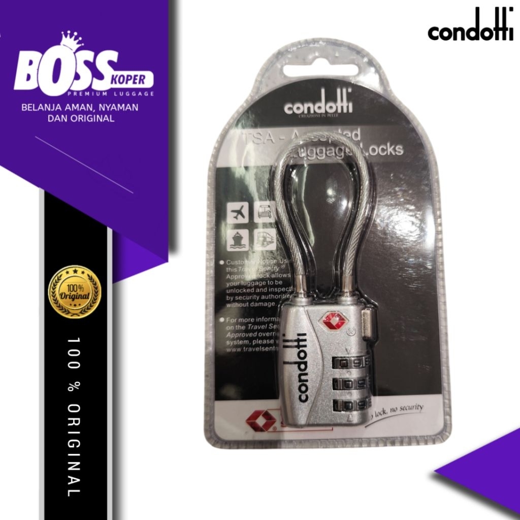 Kunci gembok tali koper & tas CONDOTTI 3 digit angka TSA lock original