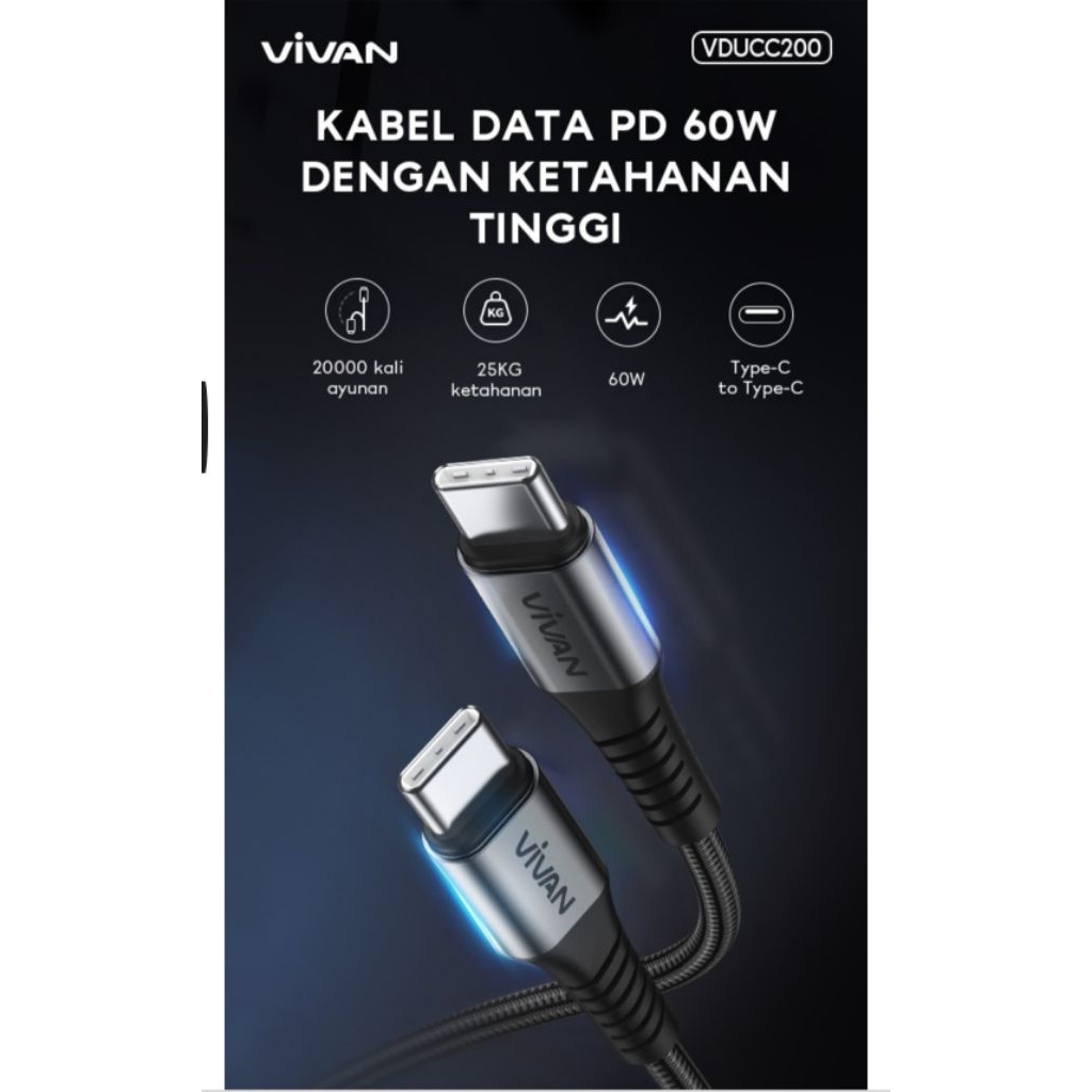 VIVAN VDUCC200 Durable Data Cable C to C 200Cm 3A 60W