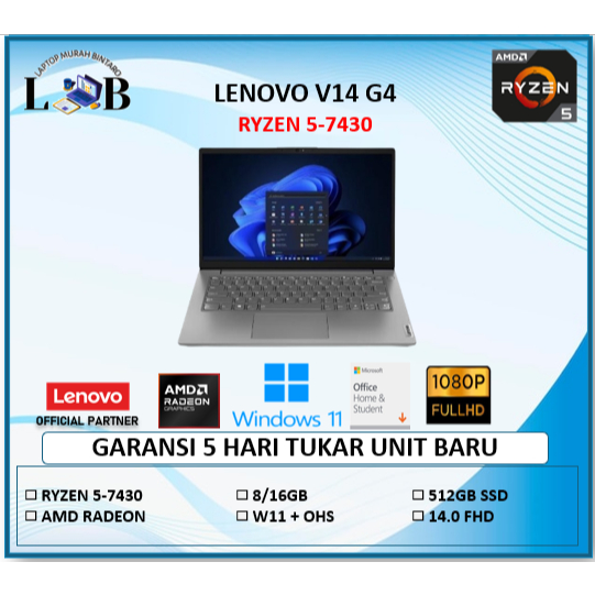 LENOVO V14 G4 RYZEN 5 7430 8/16GB 512GB W11+OHS 14.0FHD GARANSI RESMI LENOVO