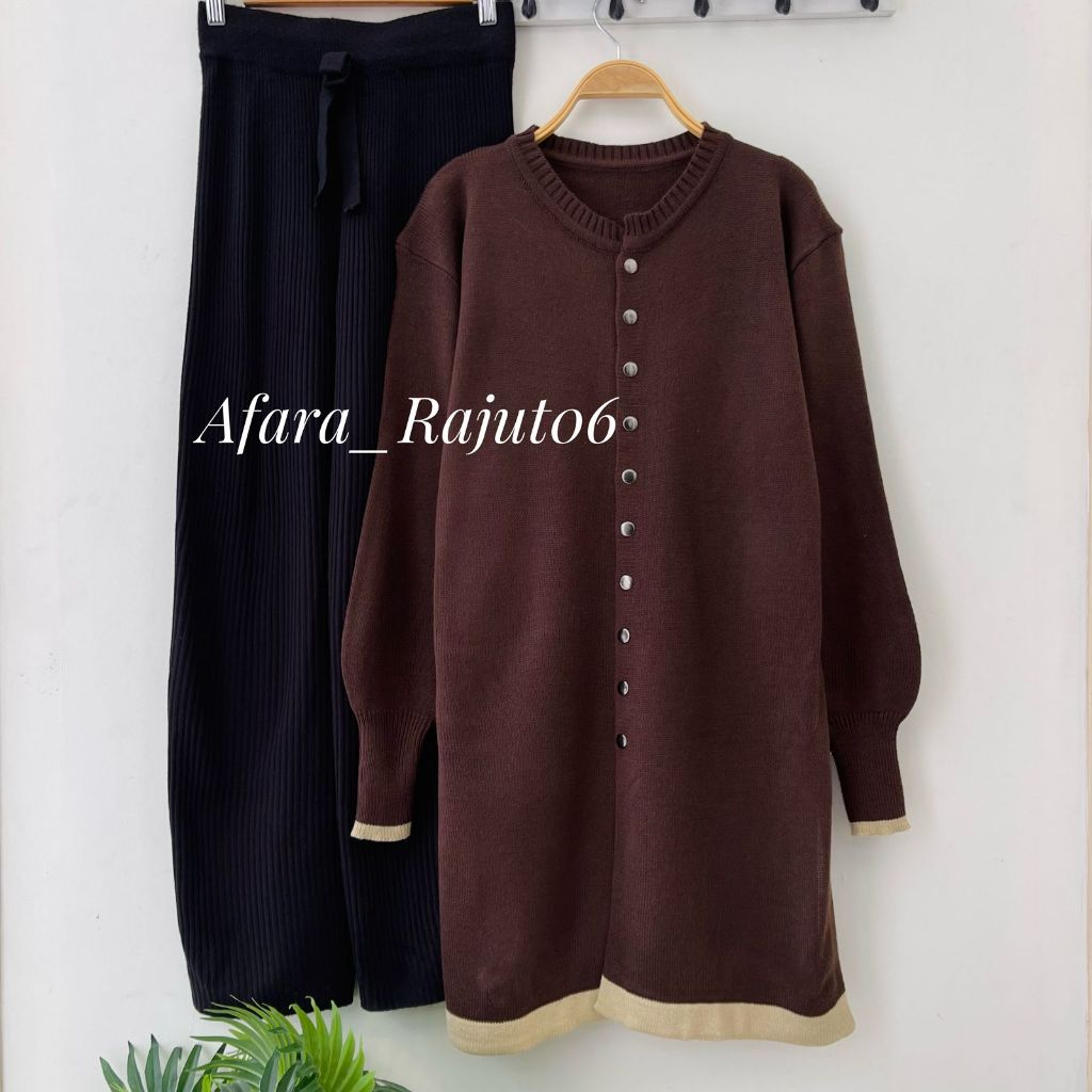 Oneset Bilaa Long Tunik Cardigan Rajut Kancing Depan Setelan Celana Kulot Premium Wanita Lengan Panj
