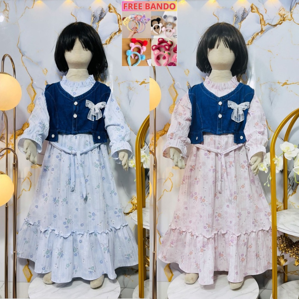 ( Free Bando Karakter ) Gamis Anak Jeans Rompi VANIA Anak Perempuan Usia 3 - 10 Tahun Gamis Rompi Je