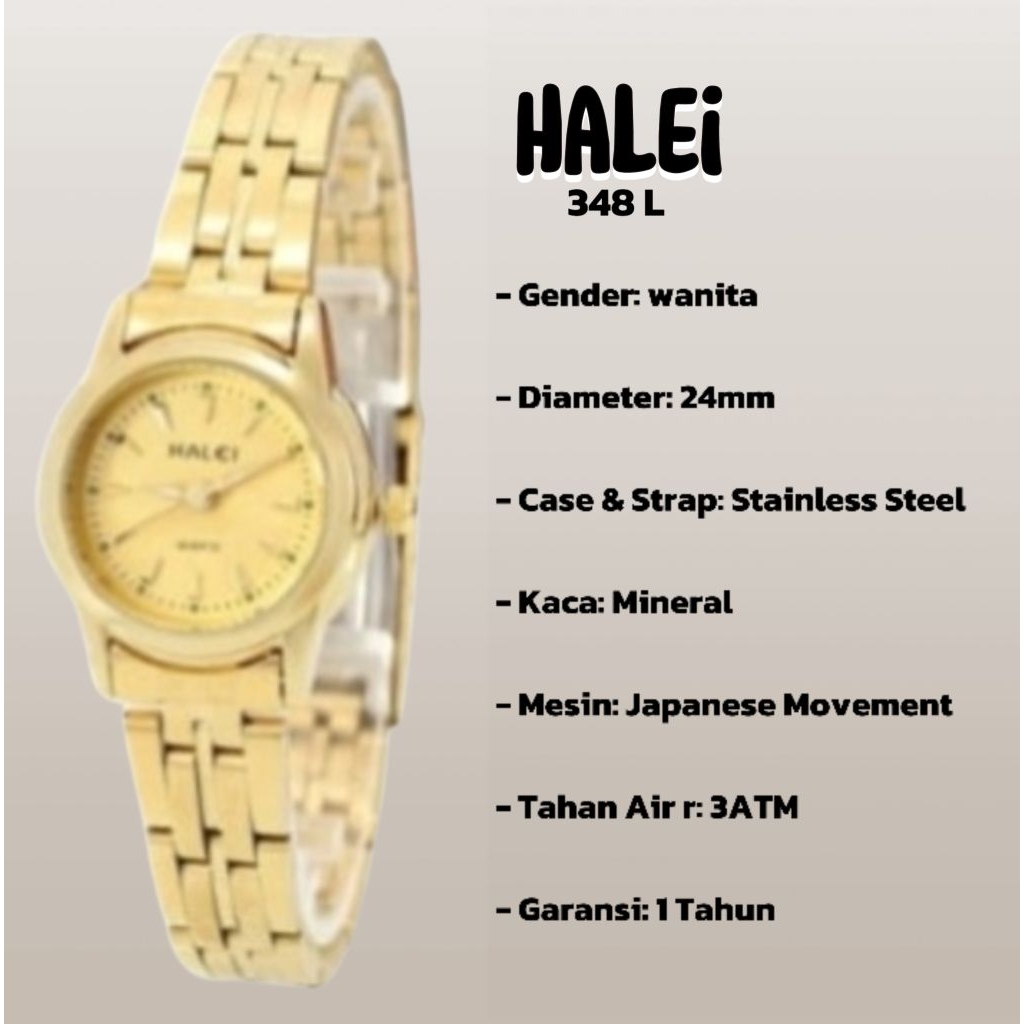 halei 348 L jam tangan wanita halei original fashion casual analog rantai stainless anti air