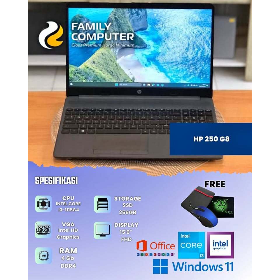 HP 250 G8 | INTEL CORE I3 GEN 11 | RAM 4GB DDR4 SSD 256GB | MULUS | SIAP PAKAI