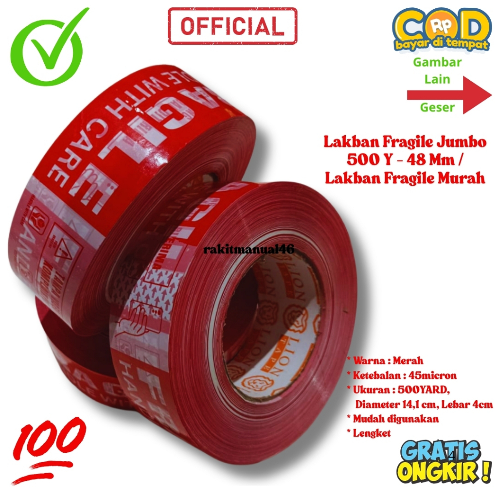

Lakban Jumbo Fragile Unboxing 2 Inch 45mm X 500 Yard Real Premium Quality