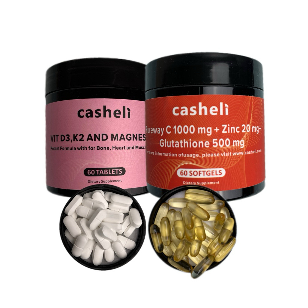 casheli Vitamin Bundle of 2 Vitamin D3 K2 Magnesium + VC  Zinc Glutathione
