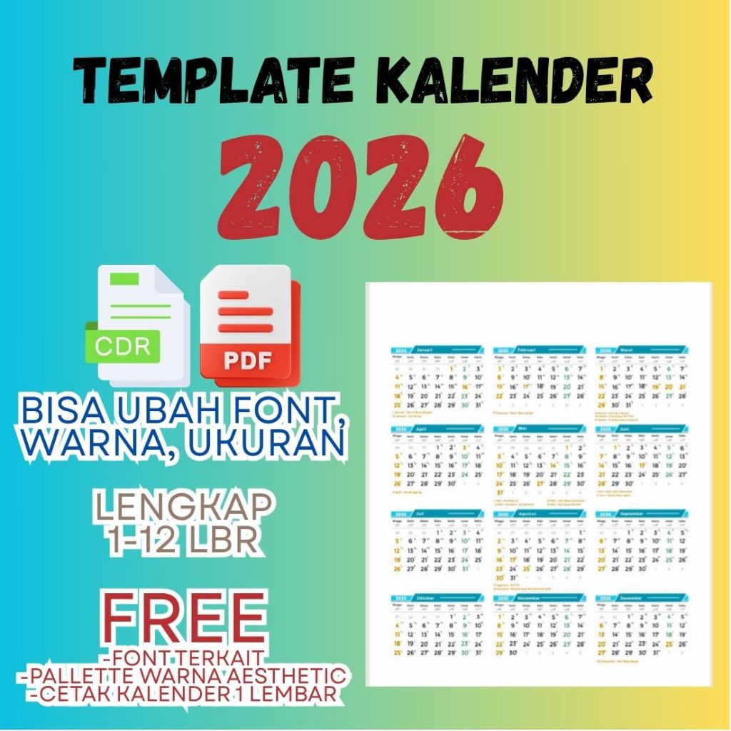 

TEMPLATE KALENDER 2026 CORELDRAW BISA GANTI WARNA, FONT, UKURAN BAHAN KALENDER 2026 EDITABLE