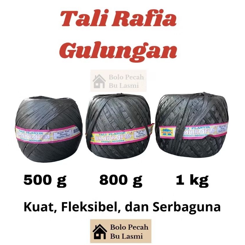 

Tali Rafia 1kg 800gr 500gr Gulungan padat full, kuat, anti air / Tali Rafia Hitam / Tali Rafia Plastik Murah Berkualitas