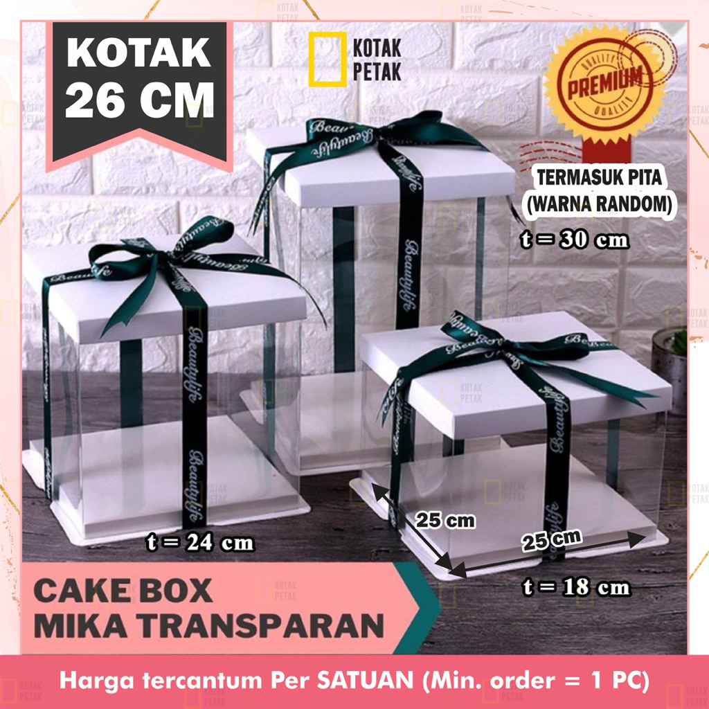 

Kotak Kue Mika Transparant 26 cm x 26 cm PET - tutup atasan karton putih