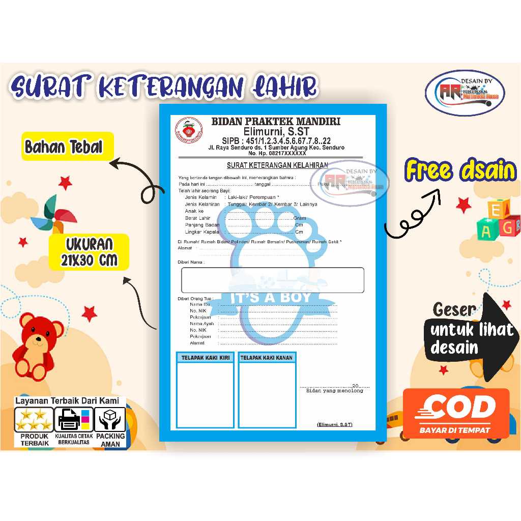 

Ukuran F4 (BESAR) Kartu Keterangan Lahir Bidan Kartu Lahir Bayi.