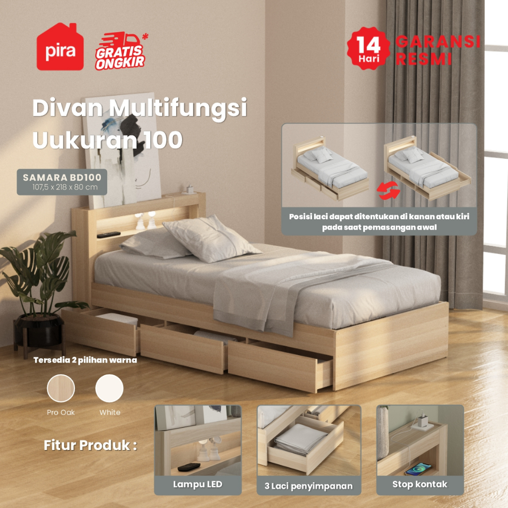 Pira - SAMARA AVA BD100 Dipan / Ranjang / Tempat Tidur dengan Laci Penyimpanan dan LED