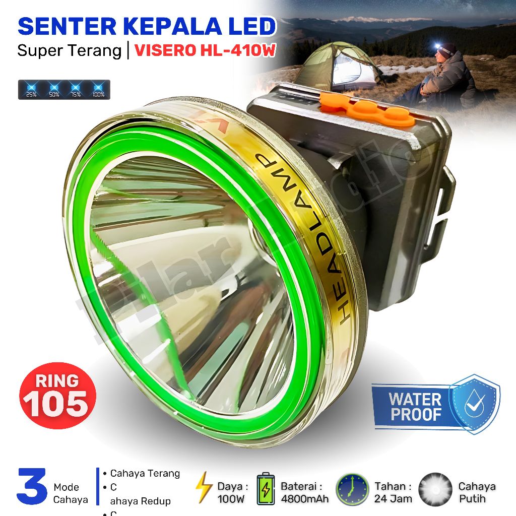 Senter Kepala 100W Visero HL-410W | Headlamp Led Outdoor Camping Cahaya Putih Super Terang Baterai L