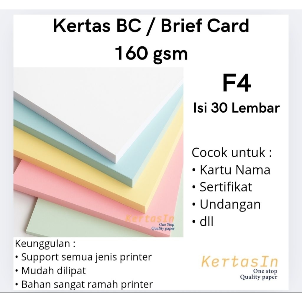 

Kertas BC 160 gsm F4 Isi 30 Lembar Warna Pastel – Karton Manila / Brief Card Tebal - Cocok Untuk Cover, Undangan, Sertifikat dan Kartu Nama.