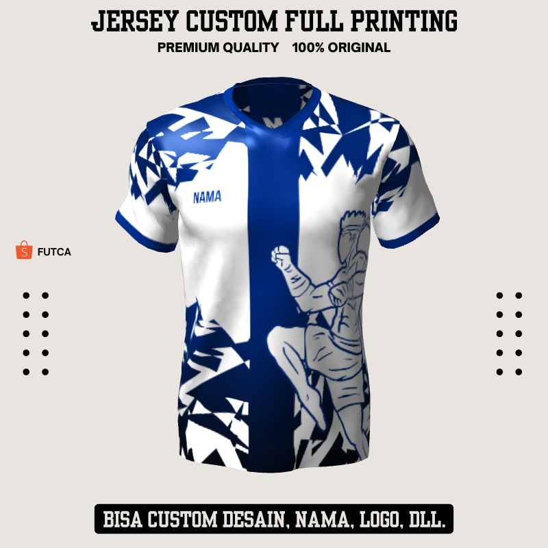 Kaos Jersey Muay Thai Putih Biru Motif Abstrak 02 - Jersey Beladiri Muay Thai Custom
