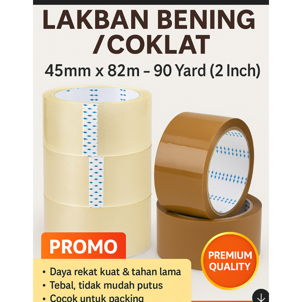

Lakban Bening / Coklat 45mm x 82m – 90 Yard (2 Inch) | Isolasi Selotip Besar Ekonomis