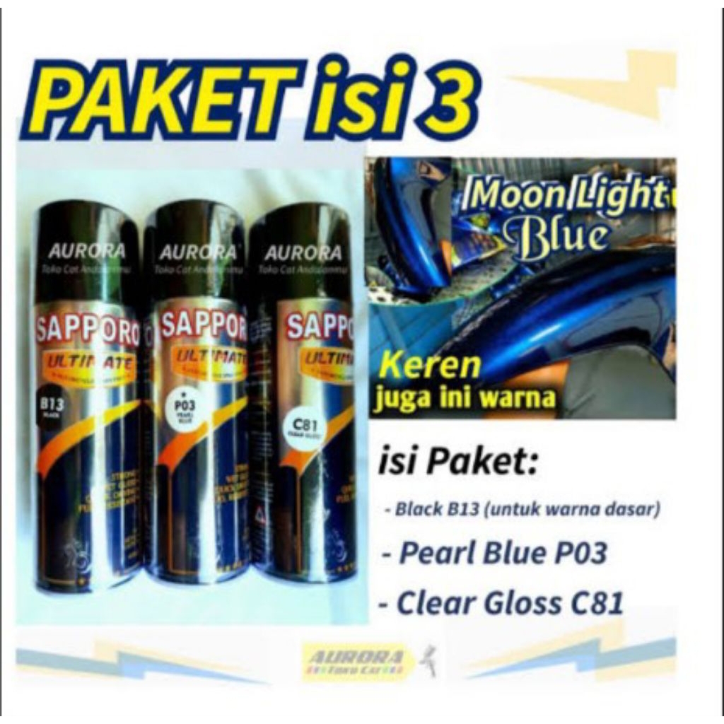 PAKET Cat Pilok Sapporo B13 BLACK + P03 PEARL BLUE + C81 CLEAR GLOSS 400ml Moon Light Blue Saporo Pi