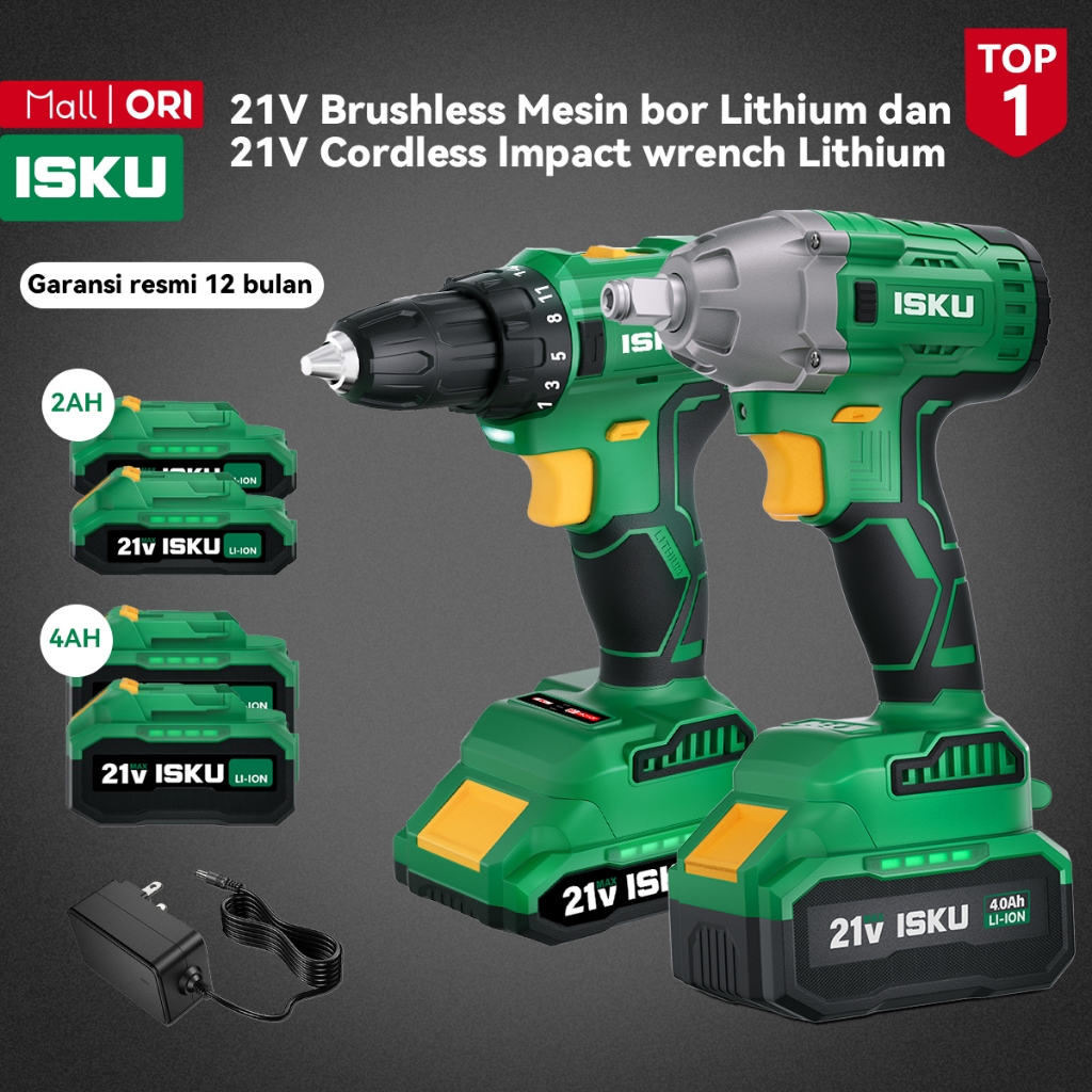 ISKU Mesin Bor Baterai 10mm & Impact Wrench 1/2 Inch 21V Brushless Cordless Drill Mesin Buka Baut Ro