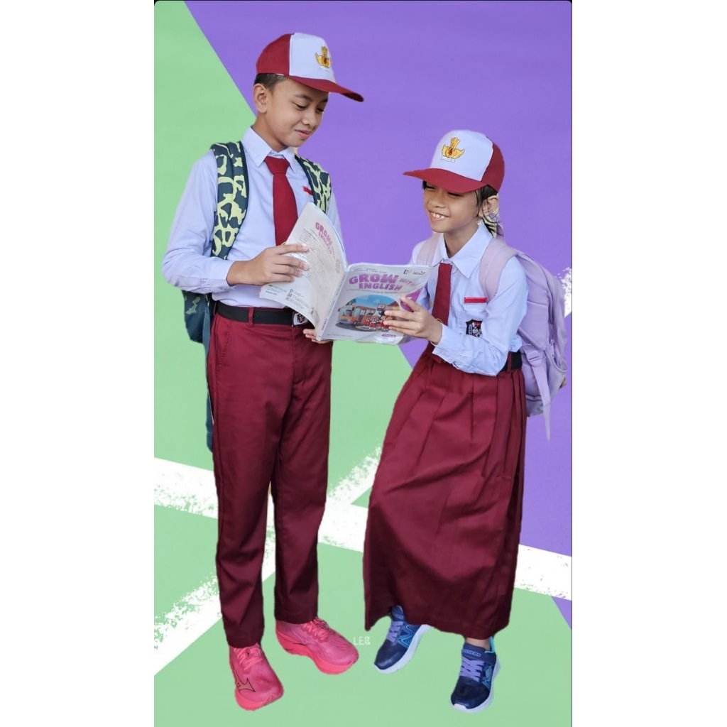Setelan seragam sekolah anak Perempuan SD lengkap dan aksesoris ( topi , dasi , sabuk )