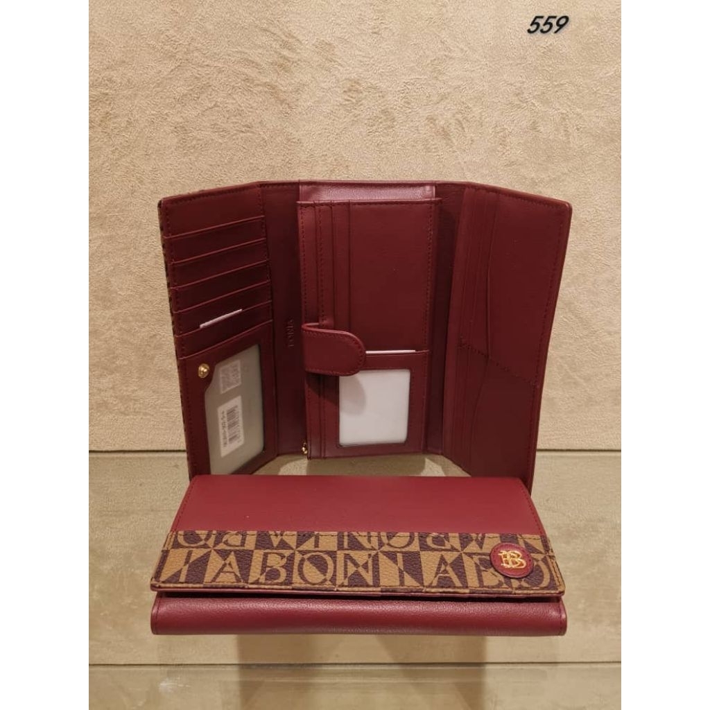 dompet panjang lipat 3 maroon Lis mono Bonia original