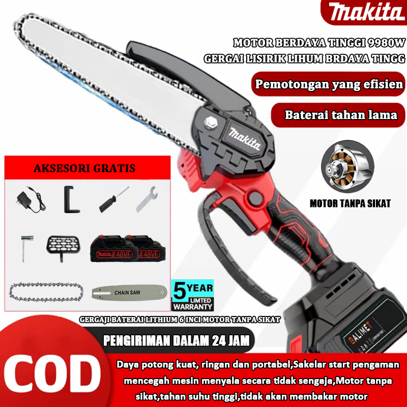 MAKITA 48V Cordless Chainsaw 6 Inch Gergaji Rantai Elektrik Mini 2 baterai Gergaji Listrik  Gergaji 