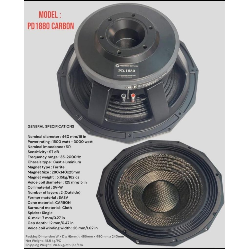 speaker komponen pd1880 18 inch daun carbon voice coil 5in