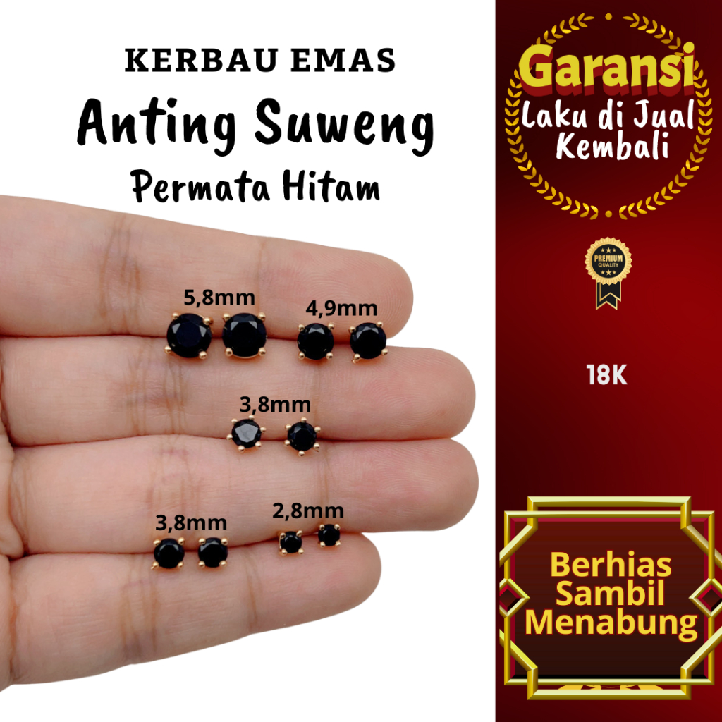 S 1062 Kerbau Emas Anting Suweng Permata Hitam Warna 18K