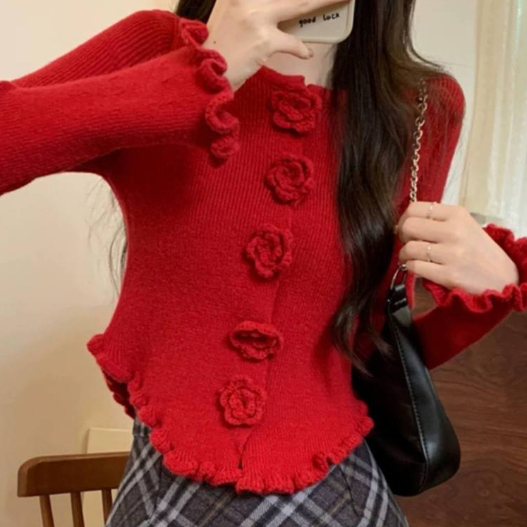 GS - Atasan Rajut Blouse MAWAR Rose / Blouse Lengan Panjang Renda Bunga Mawar Lucu / Baju Wanita CRO