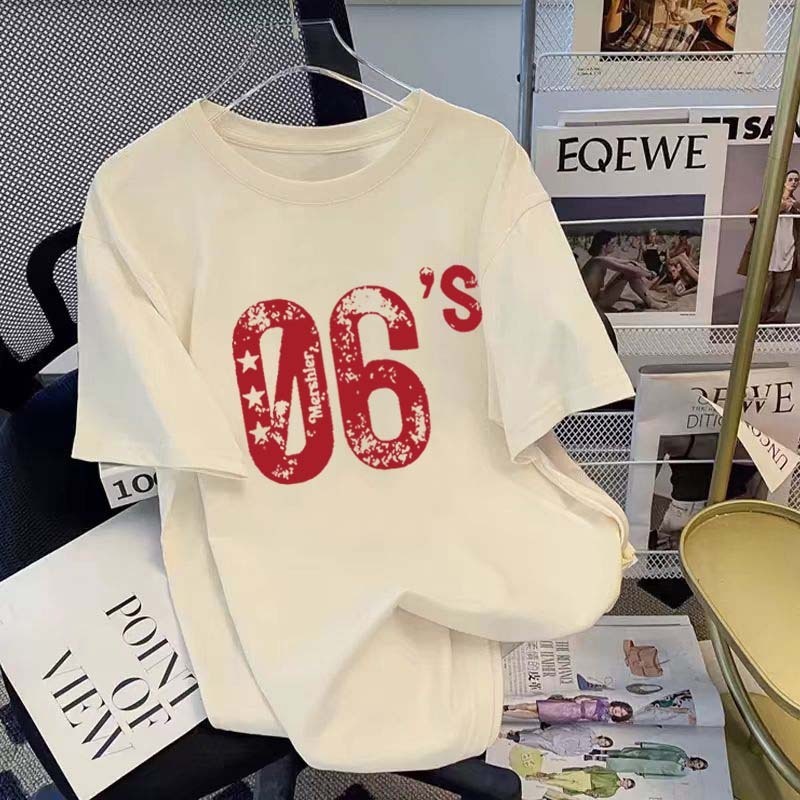 Kaos berpola angka 06 merah jalanan retro Amerika | Kaos oversized couple | Lengan pendek pria |aos 