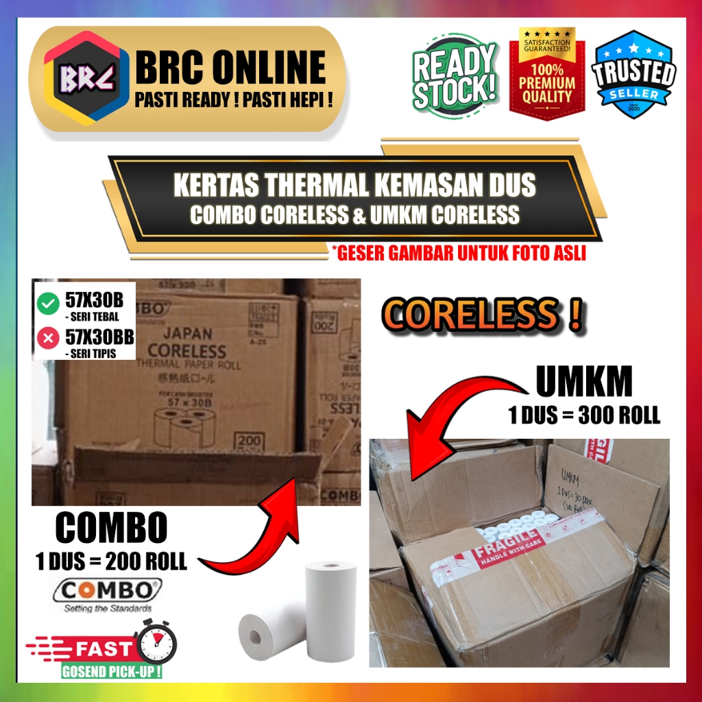 

[1 BOX] Kertas Thermal Kasir COMBO & UMKM 57x30 (mm) Coreless / Tanpa Core