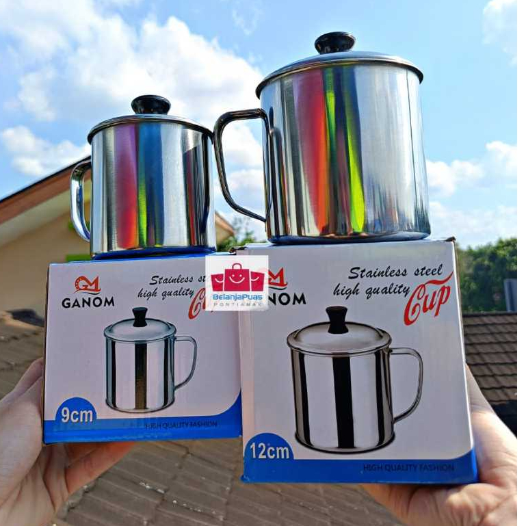 [Ganom] Gelas Mug Stainless Tutup 9cm & 12cm  | Gelas Stainless TEBAL | Gelas Tahan Panas