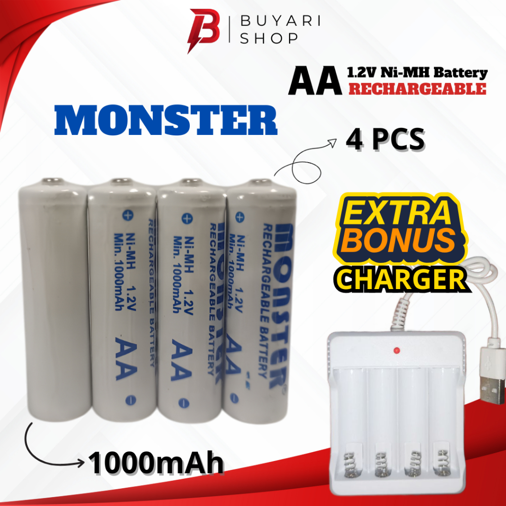 GRATIS CHARGER Baterai AA Monster 1000mAh Isi 4 Cas Rechargeable Recharge dan Charger Charge Isi Ula