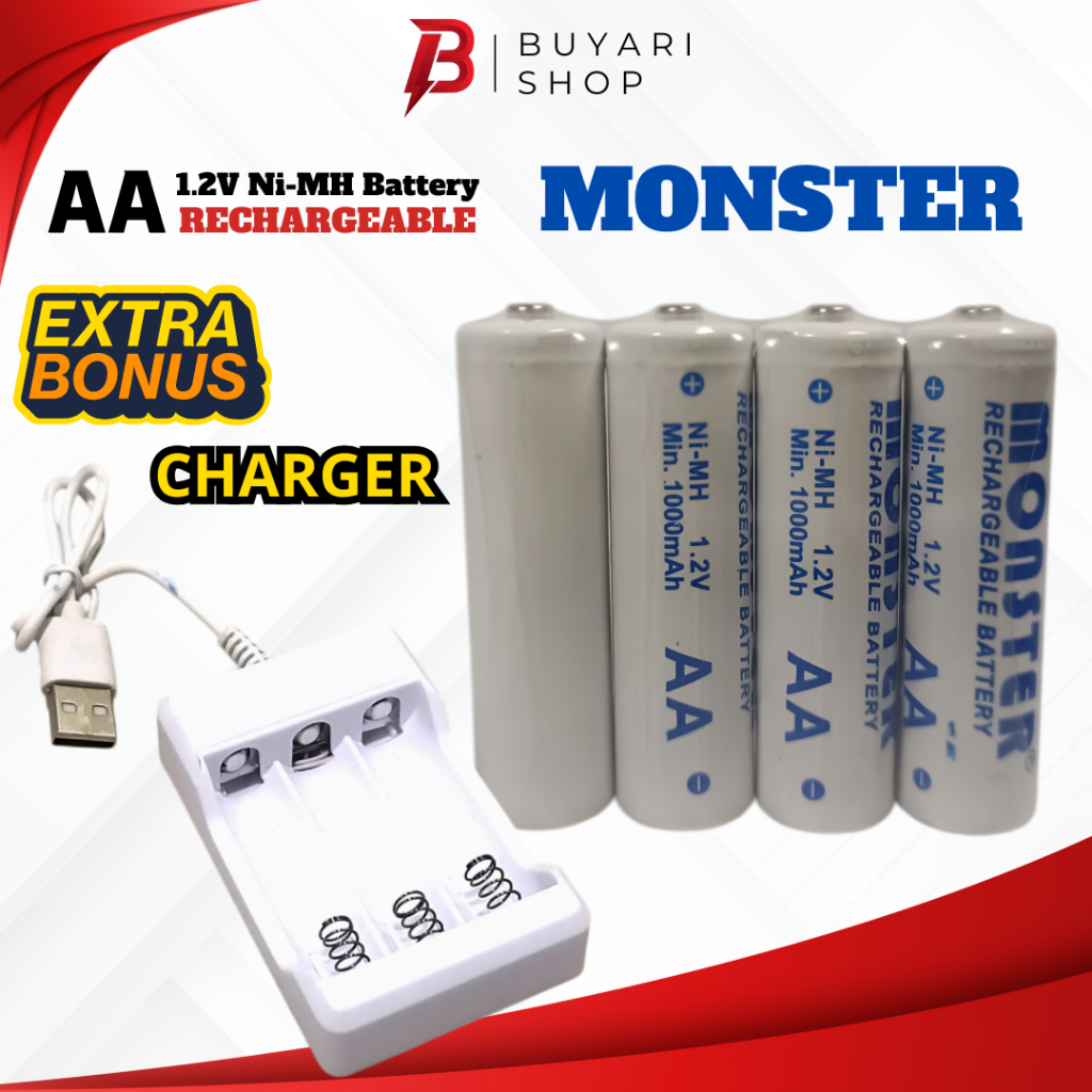 GRATIS CHARGER Baterai AA Monster 1000mAh Isi 4 Cas Rechargeable Recharge dan Charger Charge Isi Ula
