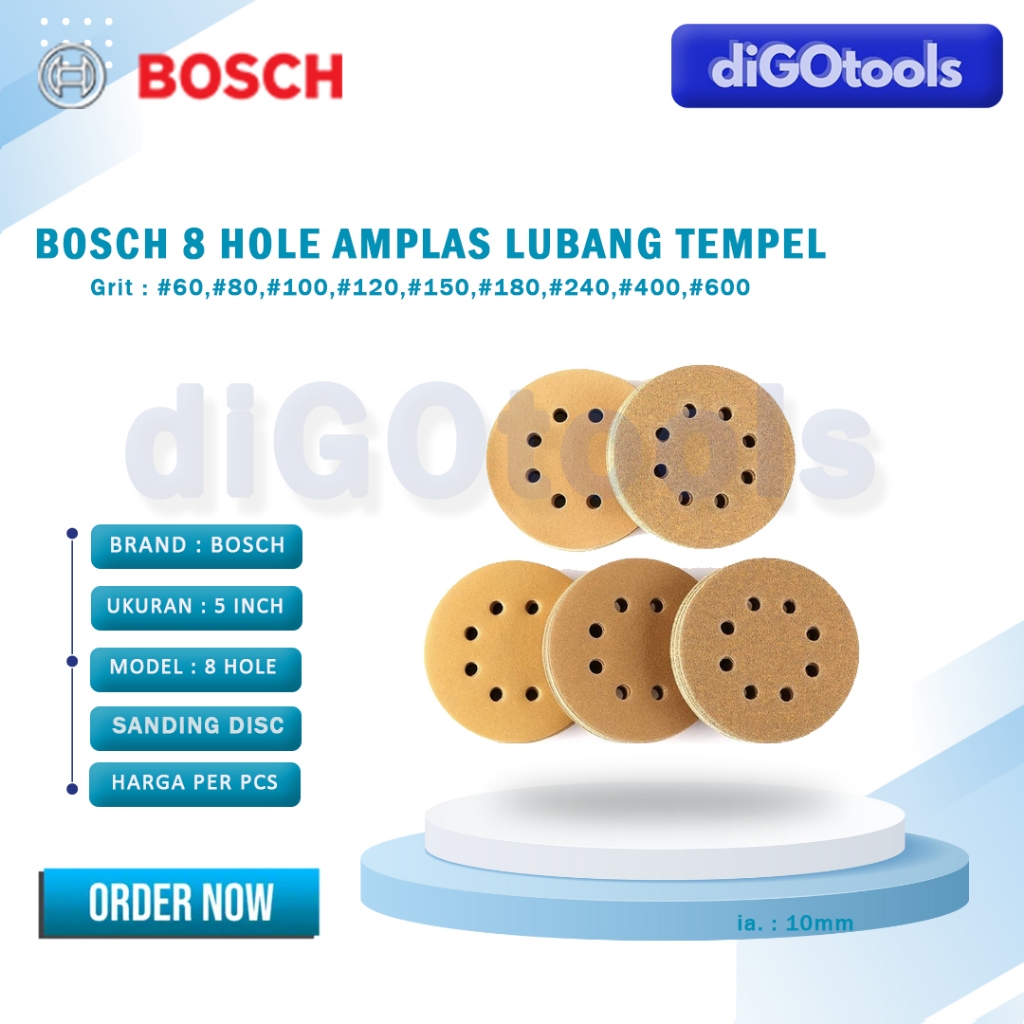 Bosch Amplas Bulat Velcro 5" Grit 60,80,100, 120, 150, 180, 240, 400, 600  BOSCH 100% ORIGINAL  Ampl