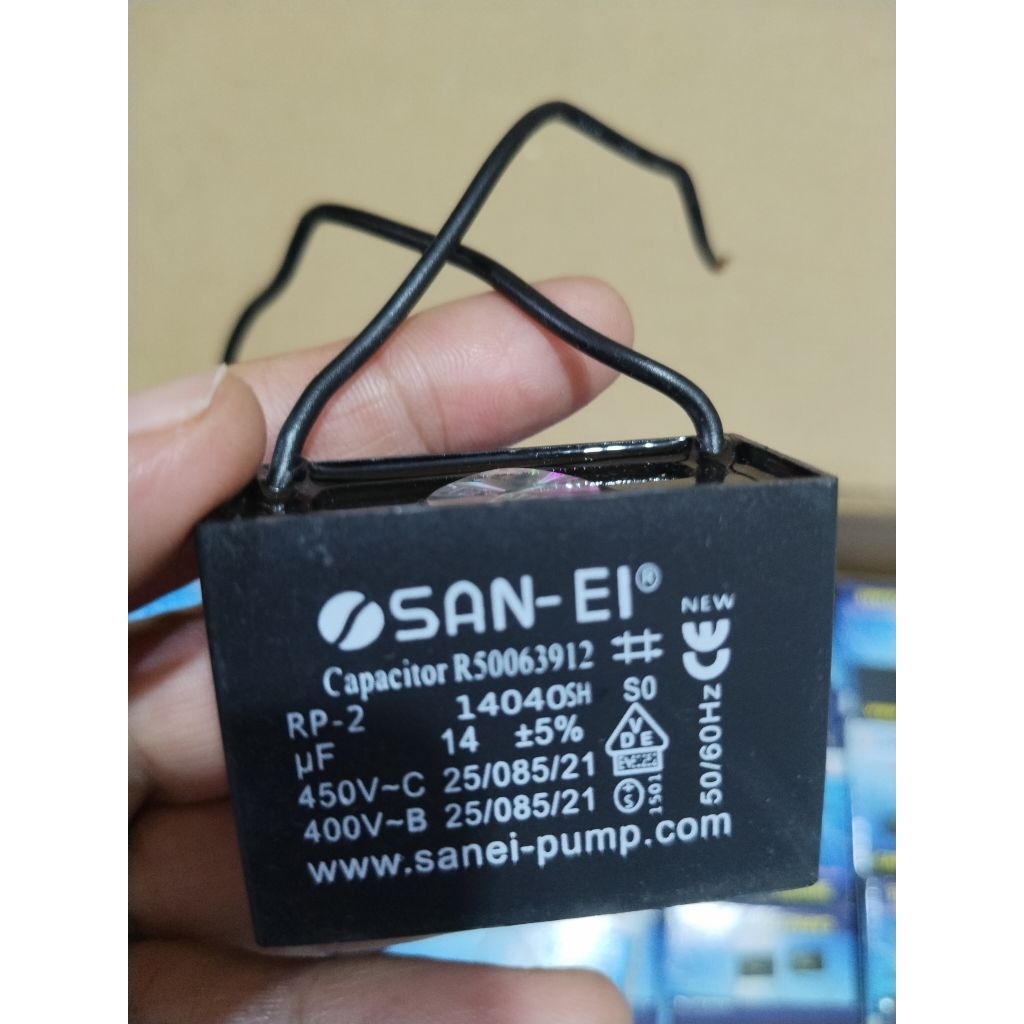 KAPASITOR 14 UF 450V KOTAK KABEL SAN EI CAPACITOR PETAK POMPA AIR