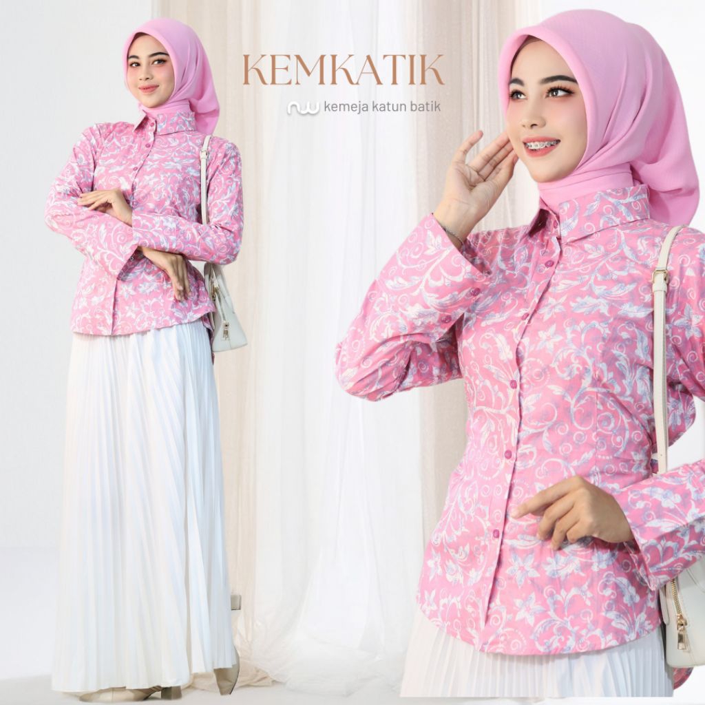 NW Official Original - ORI - Kemeja Batik Modern Wanita warna Soft Pastel Pink Ungu Muda Remaja genZ