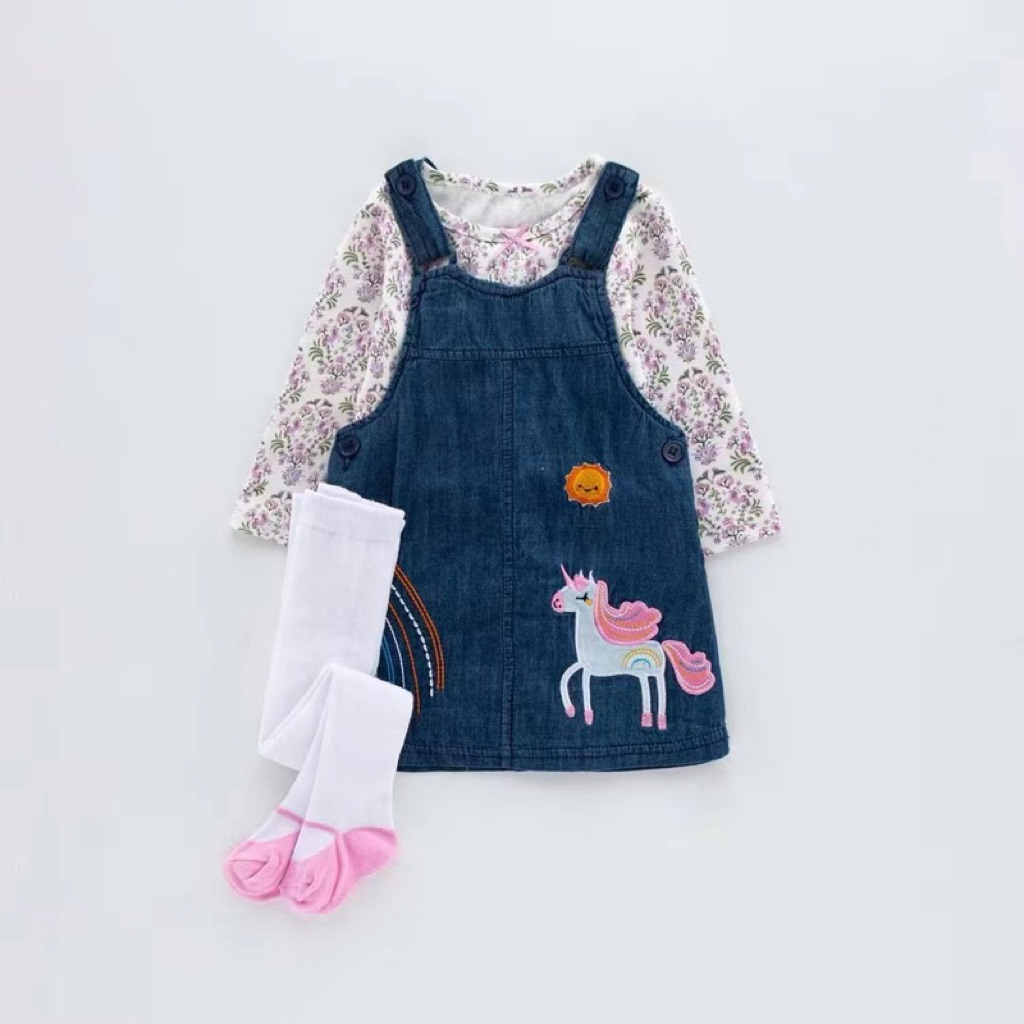 Baju Anak Set Overall Dress Denim Jeans Catell Love Unicorn Pink